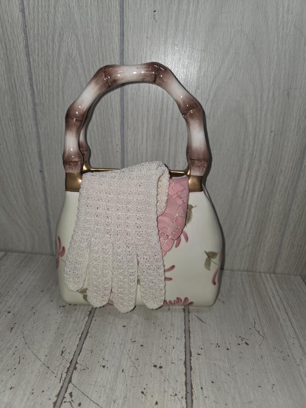 Vtg Burton & Burton Floral Handbag Vase W/Gloves & Hankie Coquette Pink White